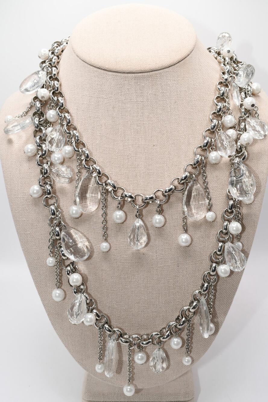 Vintage Lucite Pearl Dangle Chain Belt Necklace 43" Silver Tone